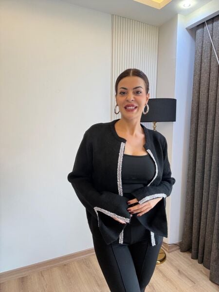 Premium taş işlemeli siyah hırka