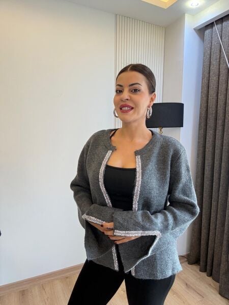 Premium taş işlemeli gri hırka